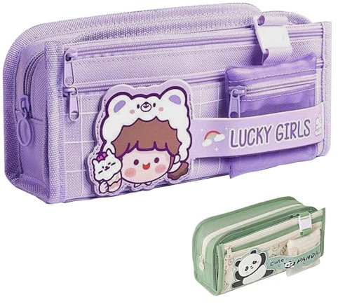 Viola Astuccio per Matite in Tela, Astuccio Scuola di Grande Capacità con 4 Scomparti, Multifunzione Astuccio Portamatite Colorate Con Mini Borsa, Studenti Cancelleria Forniture Regali Portapenne