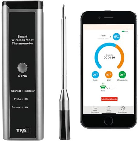 TFA Dostmann Thermomètre à viande sans fil SMART BBQ 70 m, 14.1515.10, thermomètre à gril, pour gril/four/friteuse à air chaud, adapté au lave-vaisselle, thermomètre à rôti, chef de cuisine, noir-gris