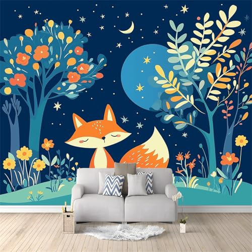 Papier Peint Intissé 250 x 175 cm Panoramique Image Renard Aquarelle Dessin Animé Maison Chambre TV Mur Déco Photo Murale Décorative Tenture Murale Papier Peint Bleu Foncé pour Décoration Salon