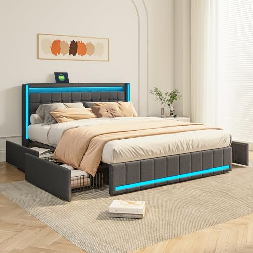 Polsterbett 140x200 cm mit USB Ladefunktion und LED-Kopfteil und 4 Schubladen,Doppelbett Bettgestell Stauraumbetten Jugendbett,Bett mit Lattenrost aus Holz,Leinenmaterial,Ohne Matratze,Dunkelgrau