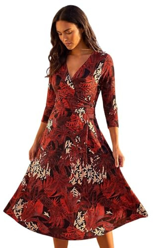 Roman Fit and Flare Dress for Women Ladies Chest Twist Knot Ruched Tea Skater Empire Waist Wedding Guest Smart Casual Swing Midi 3/4 Long Sleeve Knee Length - Orange Noir - Size 10