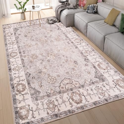 homeart Machine Washable Rug -%63 Cotton, Low Pile Carpet with Non Slip Backing - Non-Shedding Large Rugs for Living Room, Bedroom, Kitchen, Dining Room, Hallway - Floral Cream Grey, 200x290 cm