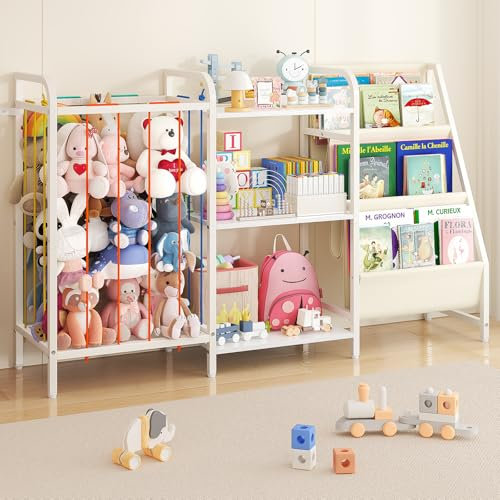 CYXPHION B1 Kids Bookshelf and Toy Storage, 3-Tier Book Shelf for Kids Rooms, Sling Baby Bookcase with Stuffed Animal Storage, Montessori Toddler Bookshelf for Nursery, Bedroom, Playroom, White