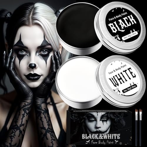 Maquillaje Halloween Blanco y Negro, Pinturas cara para Niños Adulto Halloween, Kit Maquillaje Halloween Profesional, Pinturas cara Carnaval Corporales para Teatral Fiesta Cosplay 60g