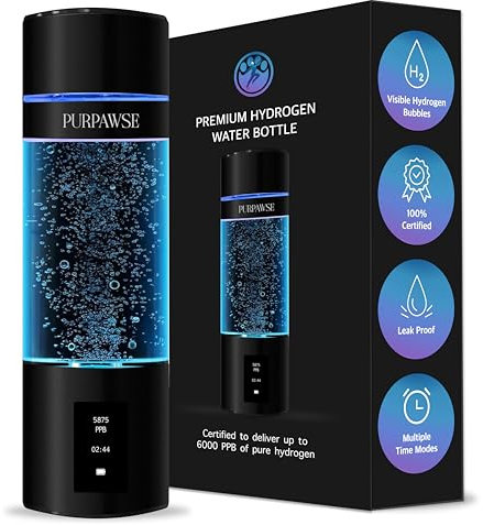 Purpawse Botella de agua de hidrógeno premium, 6000 PPB, capacidad de 12 onzas, sin BPA, pantalla OLED, duración de la batería de 6 horas, tecnología de luz UV P