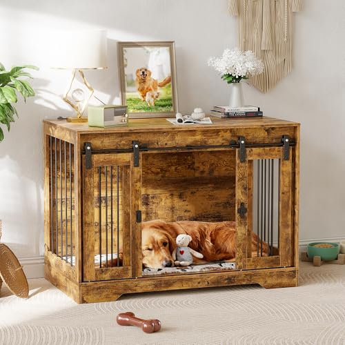 MSFE Large Dog Crate Furniture, 105 * 58 * 75.4cm XL Dog Crate, Wooden Dog House with Double Sliding Doors and Side Lock, Furniture Style Pet Crate for Small Medium Large Dogs