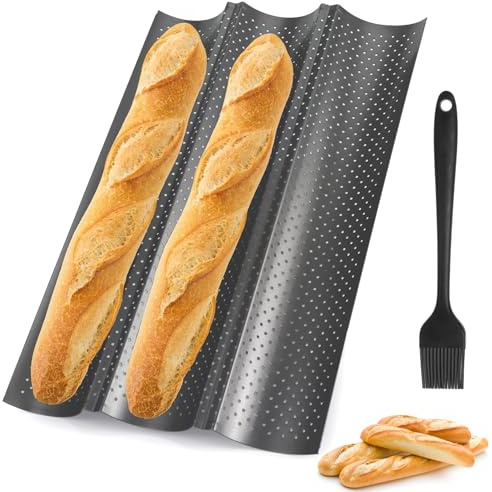HO-SFSM Baguette Backblech Antihaft,Baguette Backform mit Silikonpinsel Baguetteform Brot Backen Zubehör Baguette-Backblech Schwarz 38 x 24,5 cm