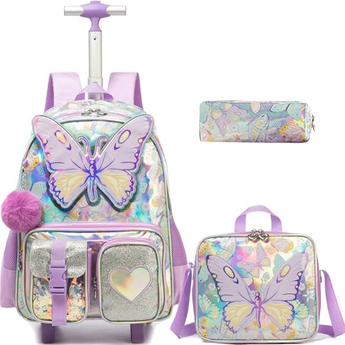 Meetbelify Rollrucksack mit mehreren Taschen für Mädchen, Rucksack mit Rollen für Grundschüler, Lila 02, 16.5X11.8X7 inches