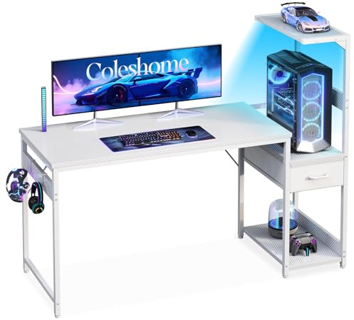 Coleshome 138×48 cm Gaming Desk with LED Lights, Carbon Fiber White | Reversible Computer Desk with Drawers & Display Shelves for Small Spaces, Gaming Table for Home Offices, Easy Assembly Design