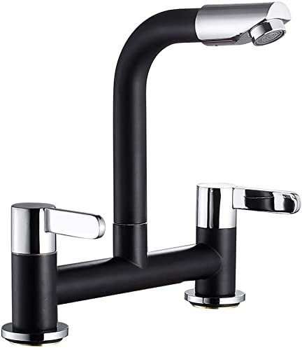 Mitigeur d'évier de cuisine moderne noir – Double levier à bec pivotant à 360 ° – 2 trous monté sur le pont – Mélangeur d'eau chaude et froide avec raccords standard britanniques – Élégant et