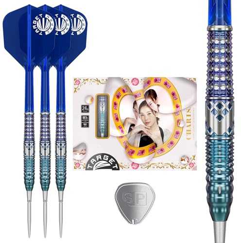 Target Japan Charis G5 Swiss Point Steel Tip Darts with Kflex, 22G/24G | 90% Tungsten Dart Set, K-Flex Flights und Shafts, Storm Nano Points mit Tool, Cathy Leung Gen 5, Blue K Flex Printed No.6
