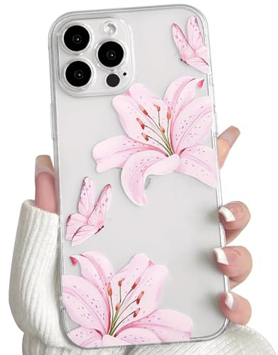 NITITOP Compatible with iPhone 16 Pro Case Clear Cute Flower Floral Lily Butterfly Pattern for Women Girls Transparent Full Camera Lens Soft TPU Shockproof Protective Phone Cover - Pink