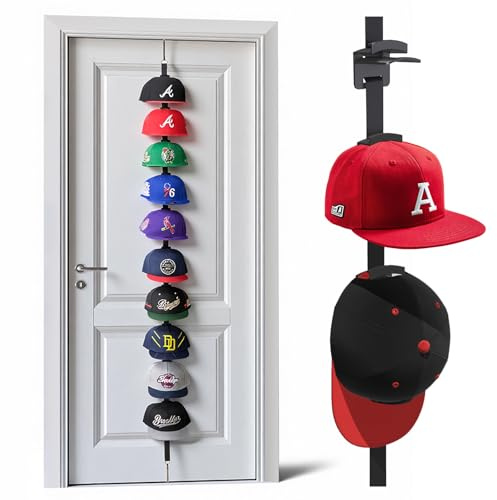 Over-the-Door Hat Organizer for Baseball Caps, Button & Strap 2-Way Hanging | Fits Adjustable & Fitted Caps, Front Logo Display, Prevents Hat Stacking, Tool-Free Setup, Fits Up to 85 Doors