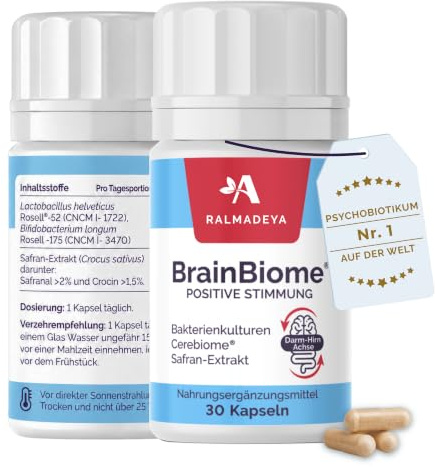 Probiotikum gegen Stress, innere Unruhe & Angst – Für bessere Stimmung & Schlaf – Mit Safran & Darm-Hirn-Achse (Cerebiome®) – 30 Kapseln – BrainBiome®