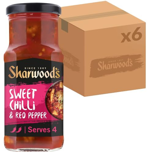 Sharwood's Sweet Chilli & Red Pepper Sauce, 425 g Jar (6-Pack) | Medium Heat Stir-Fry Sauce, Loaded with Crunchy Peppers & Tomatoes, Vegetarian Friendly, Perfect for Quick Meals
