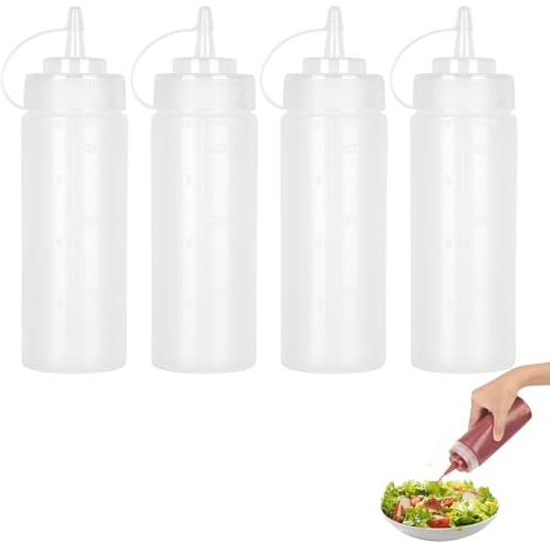 Squeeze Lot de 4 bouteilles de sauce 500 ml en plastique avec capuchons sans BPA sans fuite pour peinture, cuisson, ketchup, sauce épicée, huile d'olive, bouteille d'épices