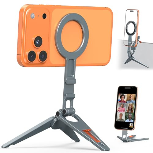 VRIG MG-34 Magnetic Tripod Stand for iPhone, Aluminium Alloy Foldable Phone Stand for Desk/Handheld, 1/4'' Screw Hole, Cold Shoe Mount and Hook, Compatible with iPhone 17 16 15 14 13 12 Series