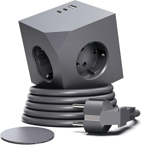 Cube Prise Multiple magnétique 6 en 1, 3 Prises AC + 2 USB-C (20 W) + 1 USB-A, 3680 W/16 A, multiprise électrique avec câble de 1,5 m, Compact pour Maison et Bureau - Gris SUNMATIC