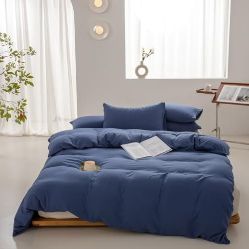 VENIES Baumwolle Bettwäsche 150 x 200 cm Einfarbig Einzelbettbezug | aus 100% Baumwolle mit Reißverschluss, weiche und komfortable Bettwäsche Dunkelblau