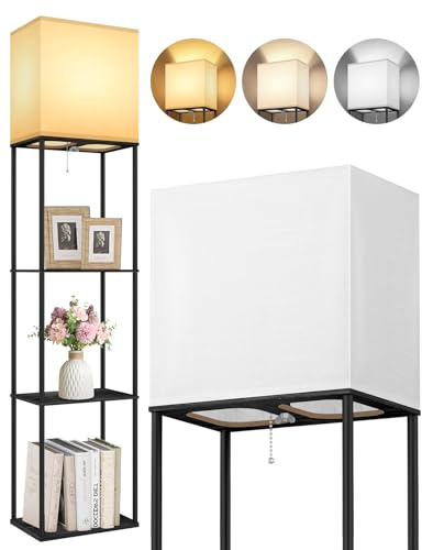 OUTON Stehlampe mit Regal in Schwarz, 158 cm Stehleuchte mit 3 Ablagen | 3 Farbtemperaturen, 9W E27 LED-Leuchtmittel, Stoffschirm für Wohnzimmer, Schlafzimmer, Büro, Flur, Gästezimmer