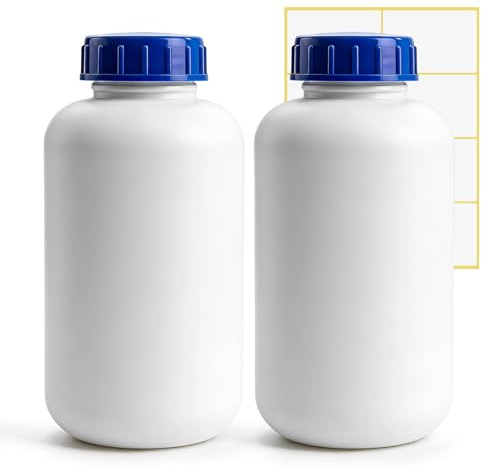 ZHIYUQL® 2 Stücke Weithalsflasche 1000ml mit Schraubverschluss Skala Etiketten, HDPE Laborflasche Plastikflaschen zum Befüllen Weithals Flasche Chemiekalienflasche mit Dichtdichtung für Labor Küche