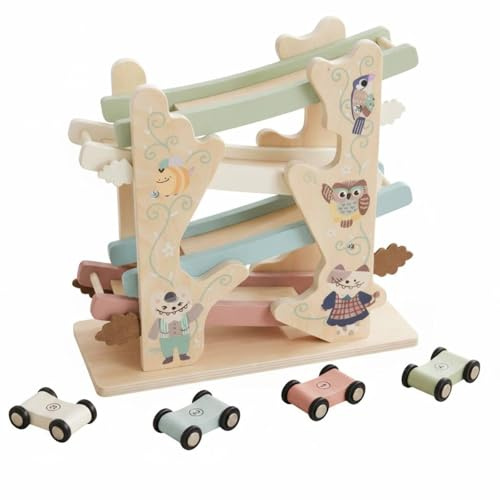 TWTCZOZ Auto Educativa Bambini Scivolo Rampe in Legno Giocattolo Pista Discese Macchine a Gravità Inerziale Passaggi a Livelli Aspetto Accogliente con Animali