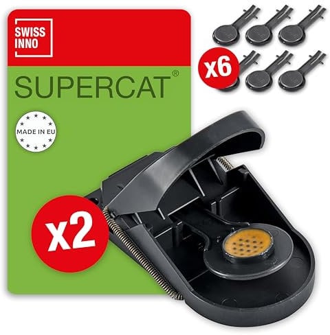 SWISSINNO Mausefalle SuperCat - Effizient + Wiederverwendbar mit Erdnussbutter-Köder - Sofortiges Fangen + Töten - Verwendung im Innen- und Außenbereich - 2 Fallen + 6 Ersatzköder