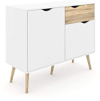 Sideboard mit zwei Türen und einer Schublade, Weiß und Eiche, Maße 98 x 81 x 39 cm