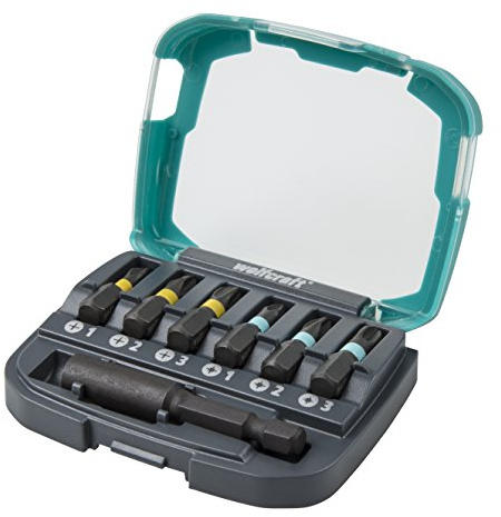 wolfcraft Impact-Bit-Box, Kreuzschlitz (PH/PZ 1-3), 7-tlg. I 2974000 I 6 spezialgehärtete Impact-Bits für Schlagbetrieb in verschiedenen Größen, inkl. Bithalter