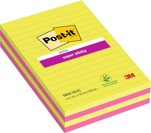 Post-it Super Sticky Large Notes, Pink and Green, Lined, 127 mm x 203 mm, 45 Sheets/Pad, 2 Pads - Self-Stick Notes for Note Taking, to Do Lists & Reminders