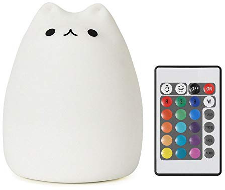 Pengcheng Children Multi-Colour Night Light with Remote,Silicone LED Cute Cartoon Cat Lamp, Warm White/12 Single Colours/7 Colours Changing, Brightness Adjustable, USB Rechargable