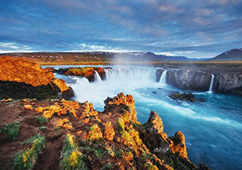 wandmotiv24 Fototapete Godafoss-Wasserfall bei Sonnenuntergang, XL 350 x 245 cm - 7 Teile, Wanddeko, Wandbild, Wandtapete, Island, Landschaft M1040