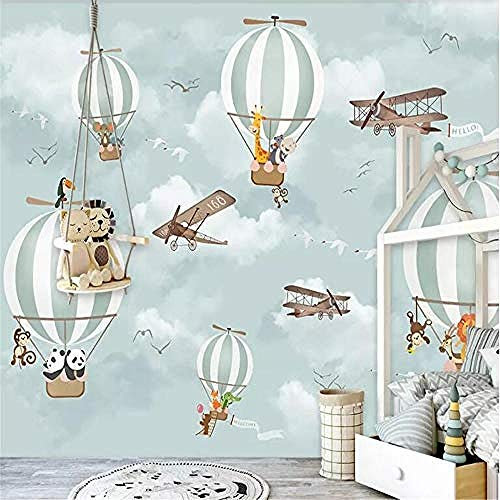 Grand Papier Peint 3D Murale de Bande Dessinée Murale Montgolfière Avion Animaux Enfants Chambre Fond Fond Tapisserie d'ameublement Pour Les Murs Papier Peint 3D Faux Cuir Vinyle Mural-150cm×105cm