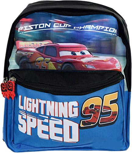 CARS Rucksack Kinderrucksack für Jungen und Mädchen LIGHTNING SPEED MCQUEEN KITA Schule Kindergarten Grundschule Sport Training Kindergeburtstag mit Fach für Trinkflasche, Brotdose 29X24X10 cm blau