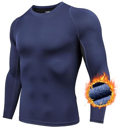 AMZSPORT - Camisa de compresión para Hombre, Camiseta de Manga Larga con Forro seco y Fitness, Térmica 113006-azul, XXL