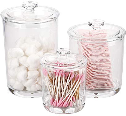 Sumnacon Set of 3 Size Clear Arclic Apothecary Jars with Lid,Cotton Ball & Swabs Holder Clear Acrylic Bathroom Storage Container