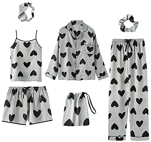 Jamron Femme 7PCS Satin Ensemble Pyjama Top & Pantalon Shorts Vêtements de Nuit Loungewear SN07655 Cœur M