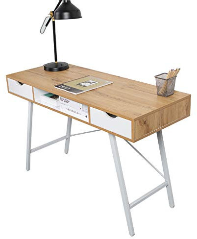 DlandHome 47 Inches Home Desk with 2-Drawers, Modern Office Computer Desk Workstation, Writing Desk with Spacious Desktop, Bedroom Dresser Table