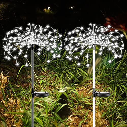 Solarlampen für Außen - XRR 2 Stück 120led Solar Feuerwerk Licht 2 Beleuchtungs modi Wasserdicht LED Solarleuchten Garten für Gehweg Weg Weihnachtsdekoration Partys (Kaltes Weiß)