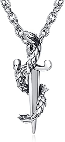 PRAYMOS Drachen Kette, Drachen Anhänger 925 Sterling Silber Drachen Schwert Halskette Anhänger Vintage Drachen Schmuck