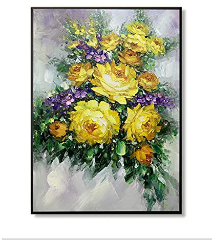 Acrylbilder, Gelbe Textur Rose Blume Lavendel Blätter Pflanze Moderne Abstrakte Kunstwerke Handgemalte Ölgemälde Auf Leinwand Wandkunst Für Wohnzimmer Schlafzimmer Büro Wohnkultu