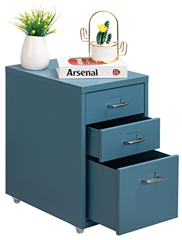 HollyHOME 3-Drawer Mobile File Cabinet, Under Desk Rolling Filing Organizer, Metal Storage with Casters for Home and Office, Blue