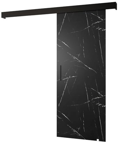 KRYSPOL Schiebetür SALWADOR 1 90cm, Türen, Schlafzimmer, Wohnzimmer, Korridor, Modern Design (Schwarzer Marmor/Gitter: schwarz matt/Griff: schwarz)