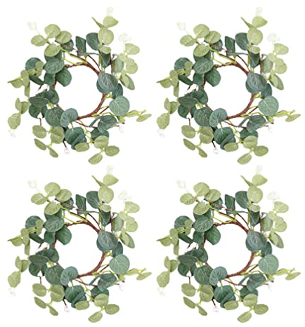 PATKAW 4 Stück Kerzenringe Grüner Kranz Eukalyptus-Kerzenring Kerzenkränze Ringe Mini-Eukalyptus-Kränze Für Stumpenkerzen-Weihnachtsdekorationen 15 cm