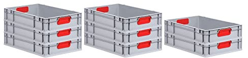 PROREGAL SuperSparSet 8x Eurobox NextGen Color | HxBxT 12x40x60cm | 23 Liter | Griffe rot geschlossen | Glatter Boden | Eurobehälter, Transportbox, Transportbehälter, Stapelbehälter