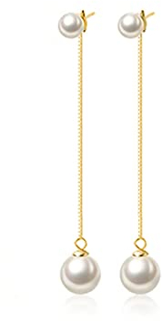 SLUYNZ Sterling Silber Perlen baumeln Ohrringe Kette für Frauen Damen Hochzeit Perle Tropfen Ohrringe Lange Quaste (B-Gold)