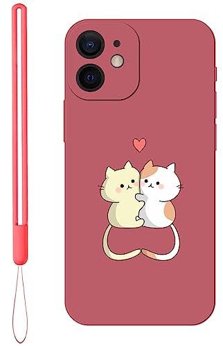KARTXITAI Hülle Kompatibel mit iPhone 12 mini, Kreatives Graffiti Katze,Umarmung,Liebe Muster Weiches Stoßfeste Cute Matte Schutzhülle mit Bumper Case Handyhülle Rückseite-Rot