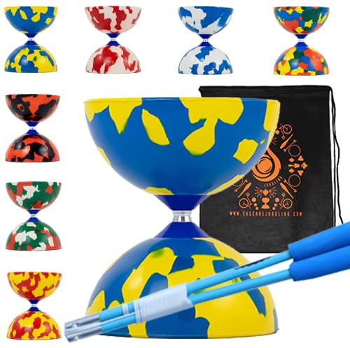 Juggle Dream Jester Diabolo Set mit Faserstäbchen, Diabolo String - Pro Medium Gummi Diablo Set mit Cascade Tragetasche (Blau und Gelb)