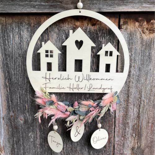 Willkommensschild - Trockenblumenkranz - Türkranz Trockenblumen - Herzlich Willkommen Türhänger - bis zu 5 Namenanhänger inklusive (30cm, Rosa/Grün)