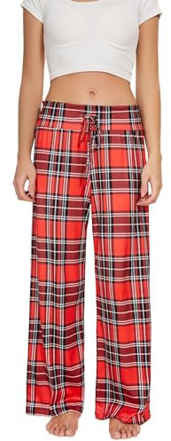 Cegerne Pyjama de Noël pour femme - Pantalon de pyjama long - Vêtement de nuit à carreaux - Doux - Avec cordon de serrage, Rouge à carreaux #3, S